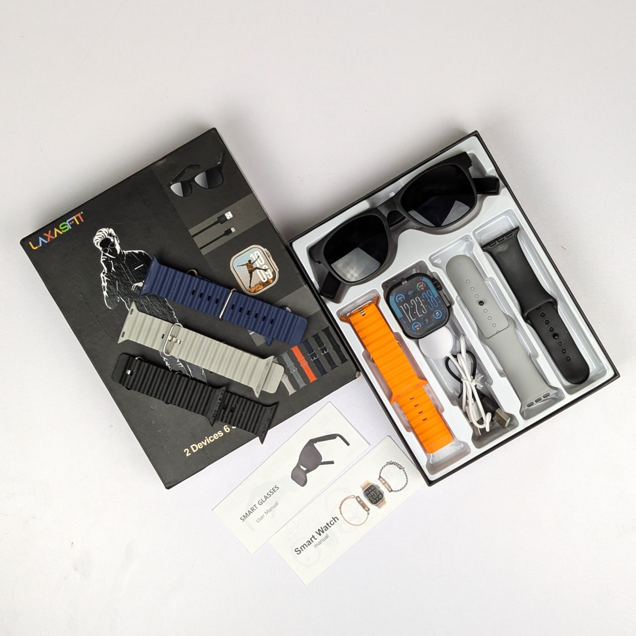 LAXASFIT Smartwatch Set – স্মার্টওয়াচ + স্মার্ট গ্লাসেস (৬টি স্ট্র্যাপসহ) | Android & iPhone Compatible